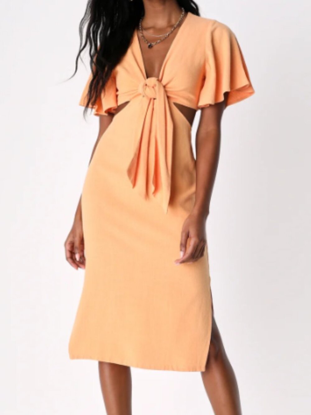 "Summer Journey" - Light Orange Tie-Front Cutout Midi Dress